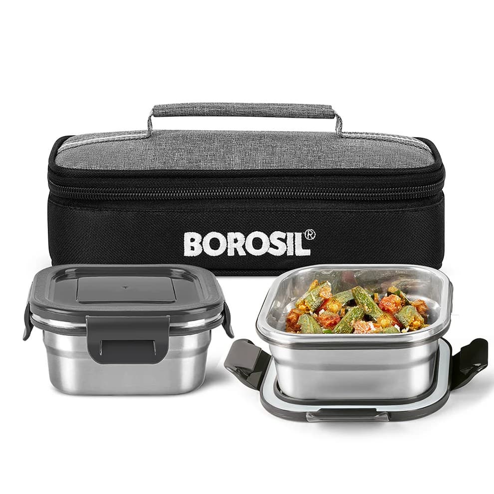 Borosil Feast Horizontal Stainless Steel 2-Container Tiffin Set — 550ml Each - Stainless Steel | Sambhavnath Steel, Ahmedabad