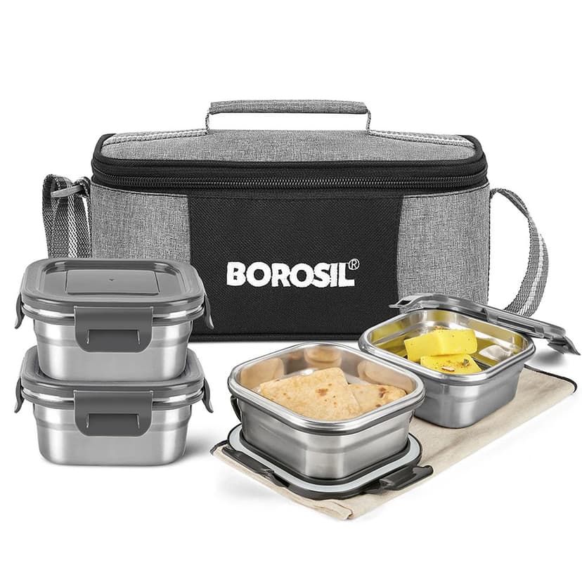 Borosil Feast Stainless Steel 4-Container Tiffin Set — Leak-Proof | 420ml Each