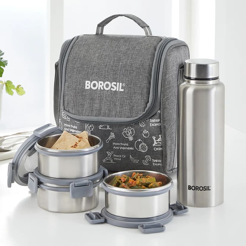Borosil Slate Round Stainless Steel Lunchbox with Bottle — 3 Containers + Bottle