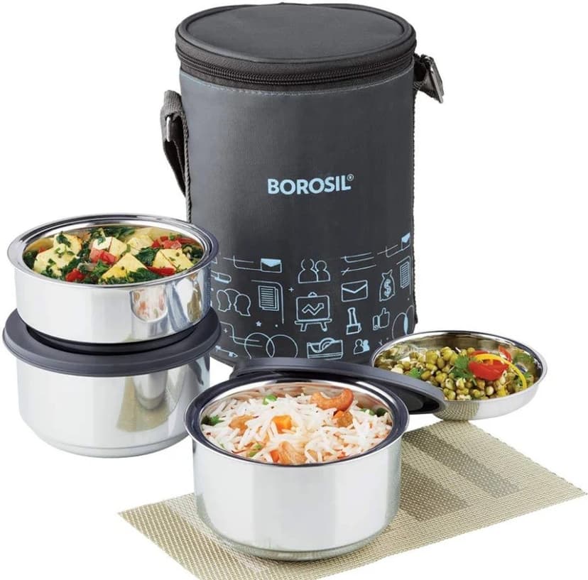 Borosil CarryFresh Round Stainless Steel Lunchbox — Insulated | 3 Containers