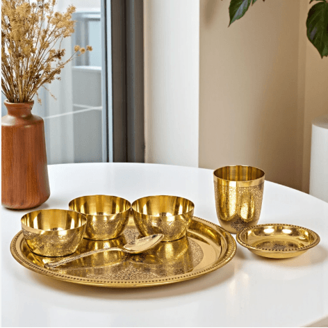 Brass Dinner Set Thali Set — 8 Pieces | Flower Engraved Design - Brass | Sambhavnath Steel, Ahmedabad