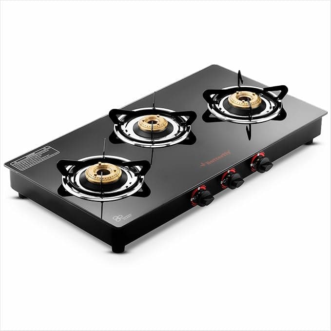 Butterfly Rapid 3 Burner Glass Top Gas Stove — Auto Ignition | Brass Burners | Black