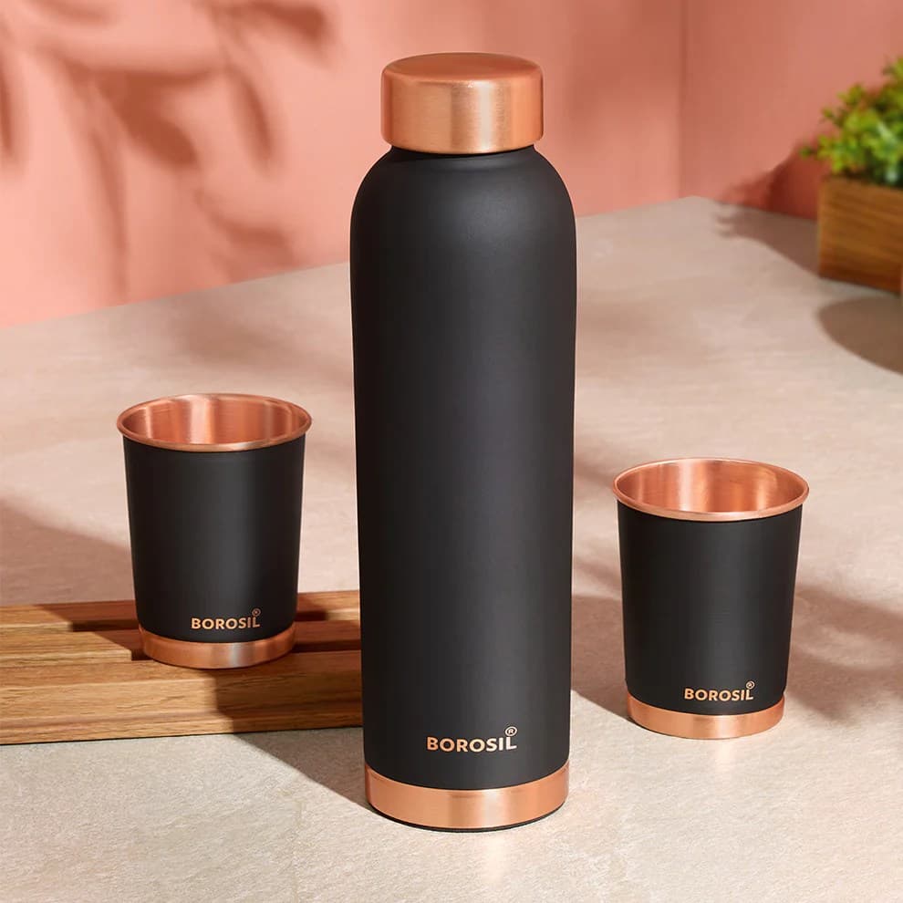 Borosil ECO Pure Copper Water Bottle & Glass Gift Set — 900ml Bottle + 300ml Glass - Copper | Sambhavnath Steel, Ahmedabad