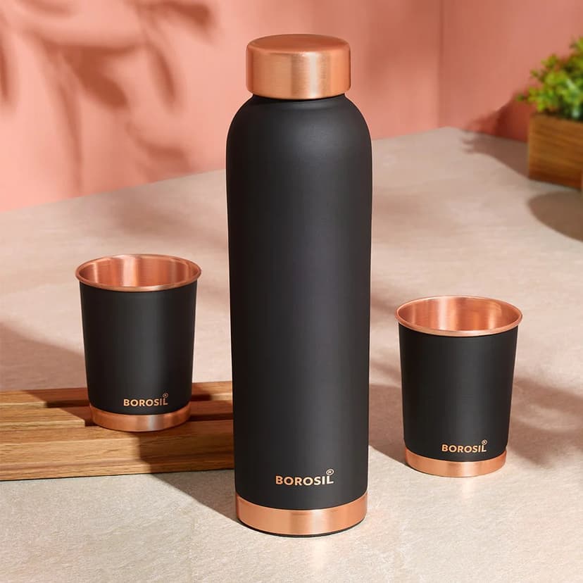 Borosil ECO Pure Copper Water Bottle & Glass Gift Set — 900ml Bottle + 300ml Glass