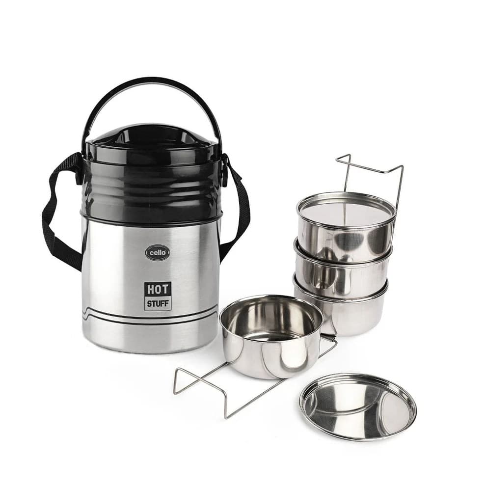 Cello Stainless Steel Hot Stuff Insulated Lunch Box | Silver - Stainless Steel | Sambhavnath Steel, Ahmedabad