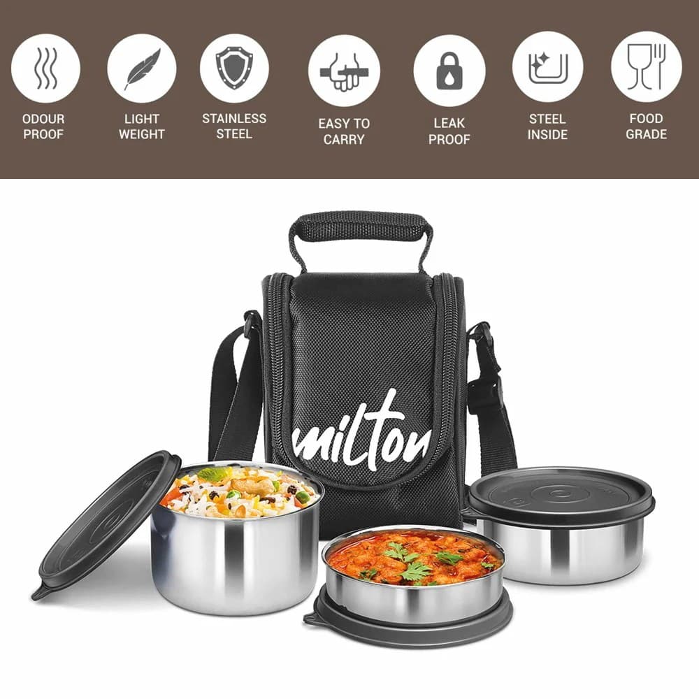 Milton Tasty Lunch Steel Tiffin, 3 Containers, Black - Stainless Steel | Sambhavnath Steel, Ahmedabad