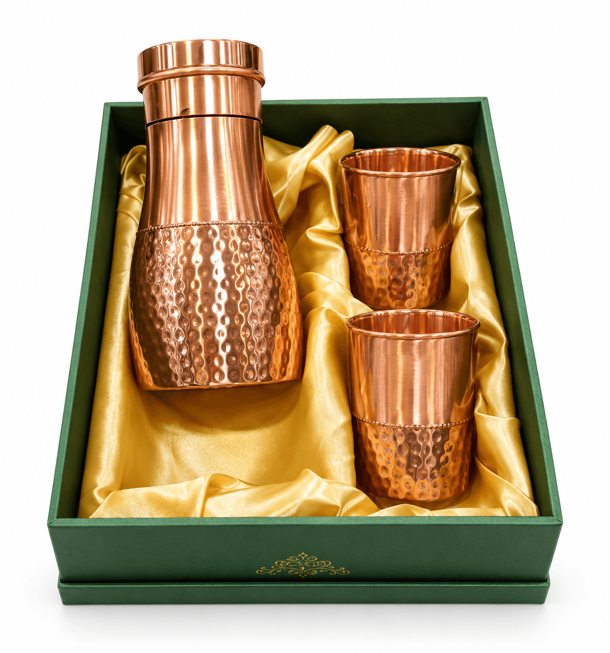 Hammered Copper Pot with 2 Copper Glasses — Luxury Gift Set in Black Box - Copper | Sambhavnath Steel, Ahmedabad